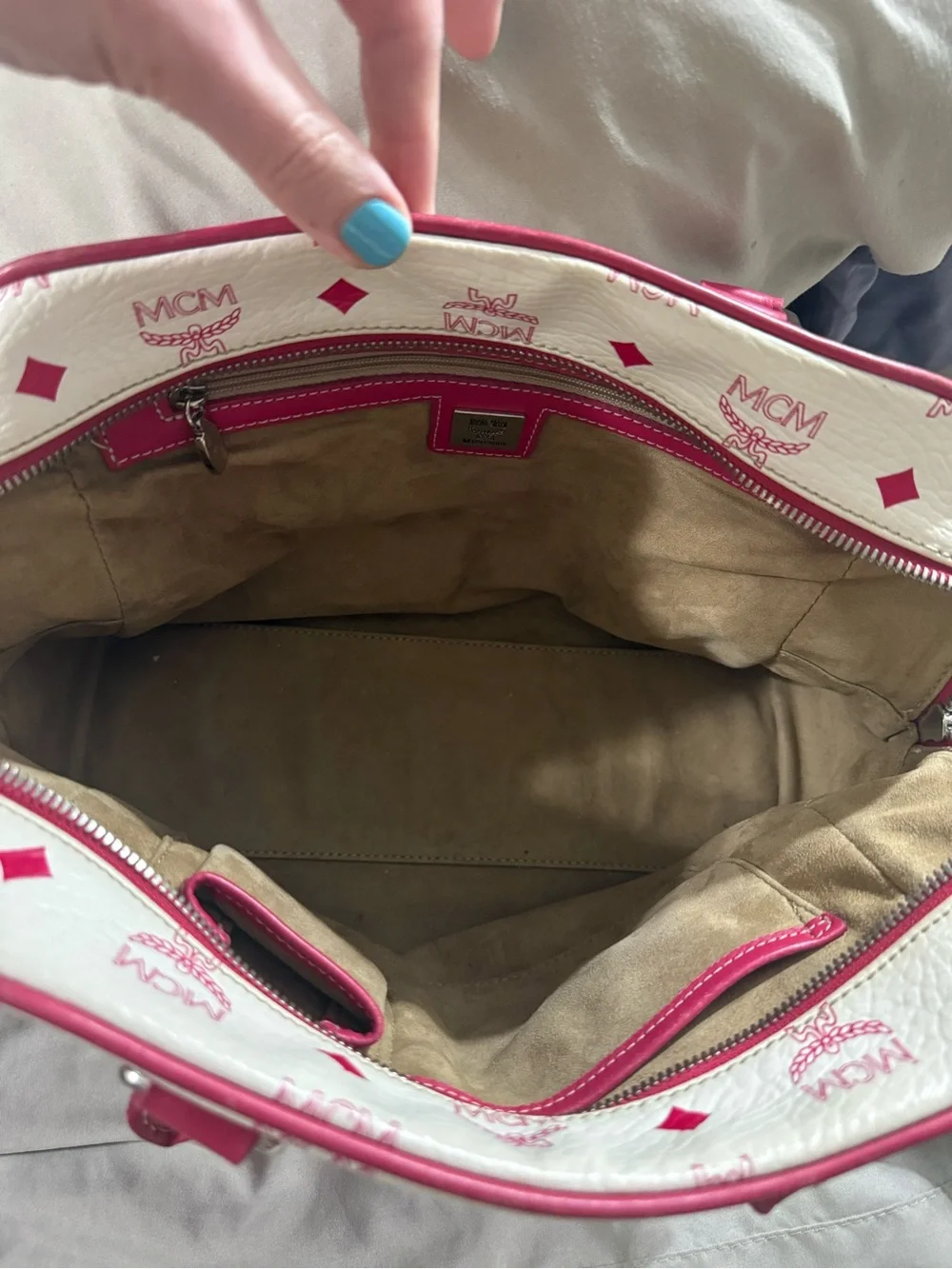 MCM White and Pink Logo Pocket Satchel with Charm - Picture 2 of 5